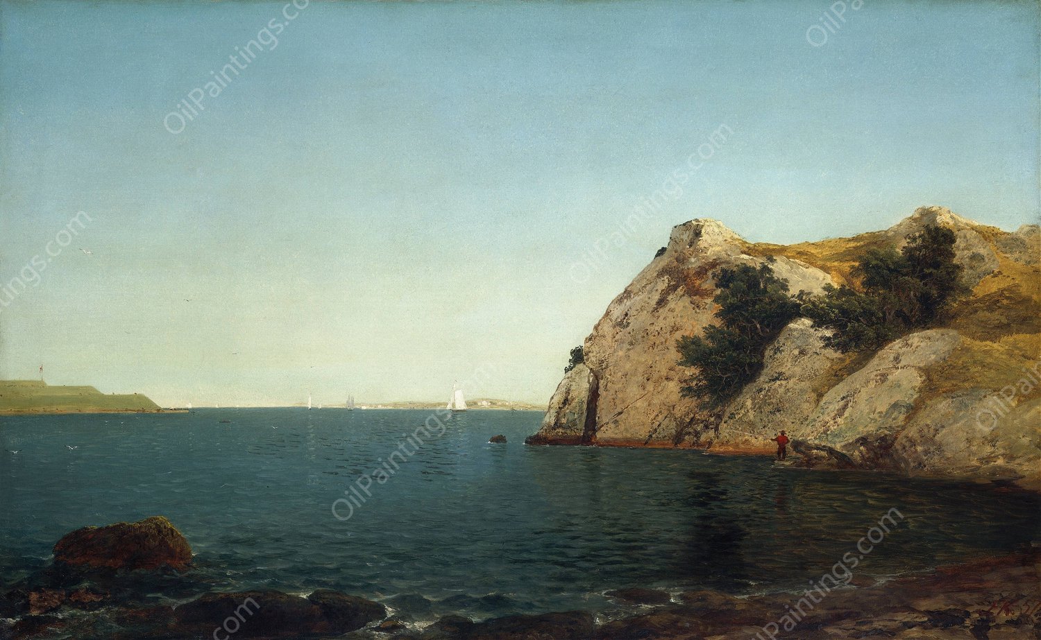 Beacon Rock,Newport Harbor  by John Frederick Kensett - Hand-Painted Oil Painting Reproduction