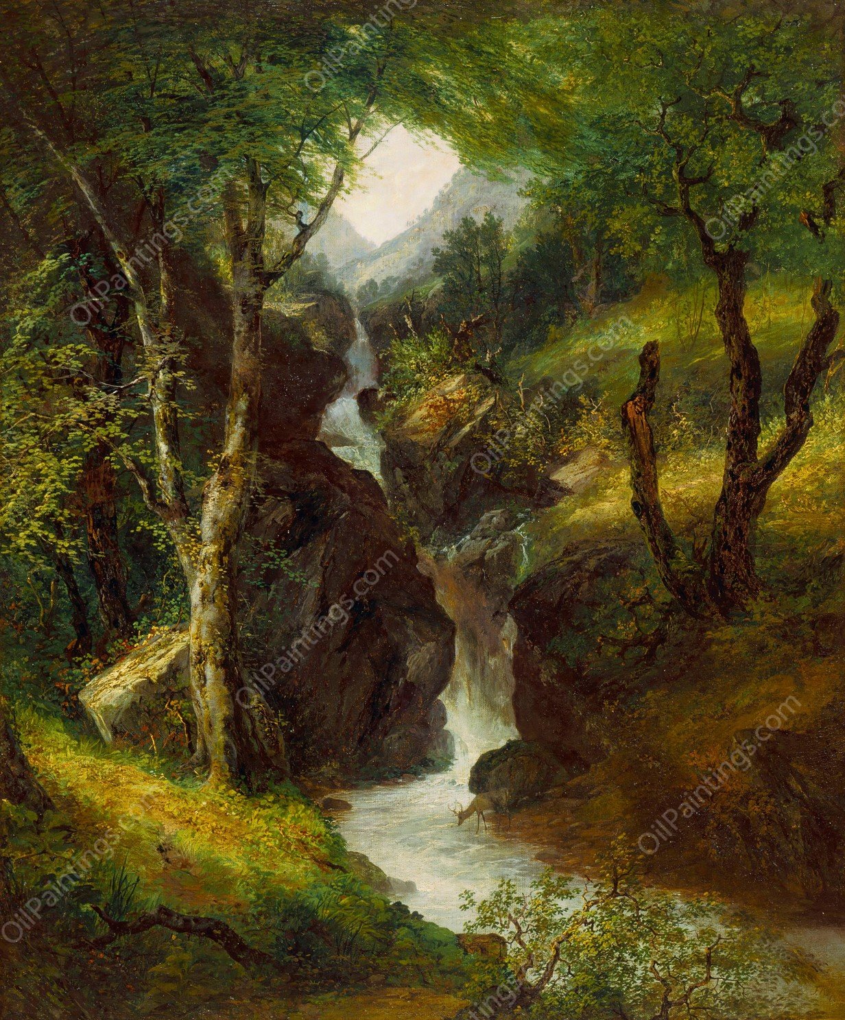 Cascade in the Forest  by John Frederick Kensett - Hand-Painted Oil Painting Reproduction
