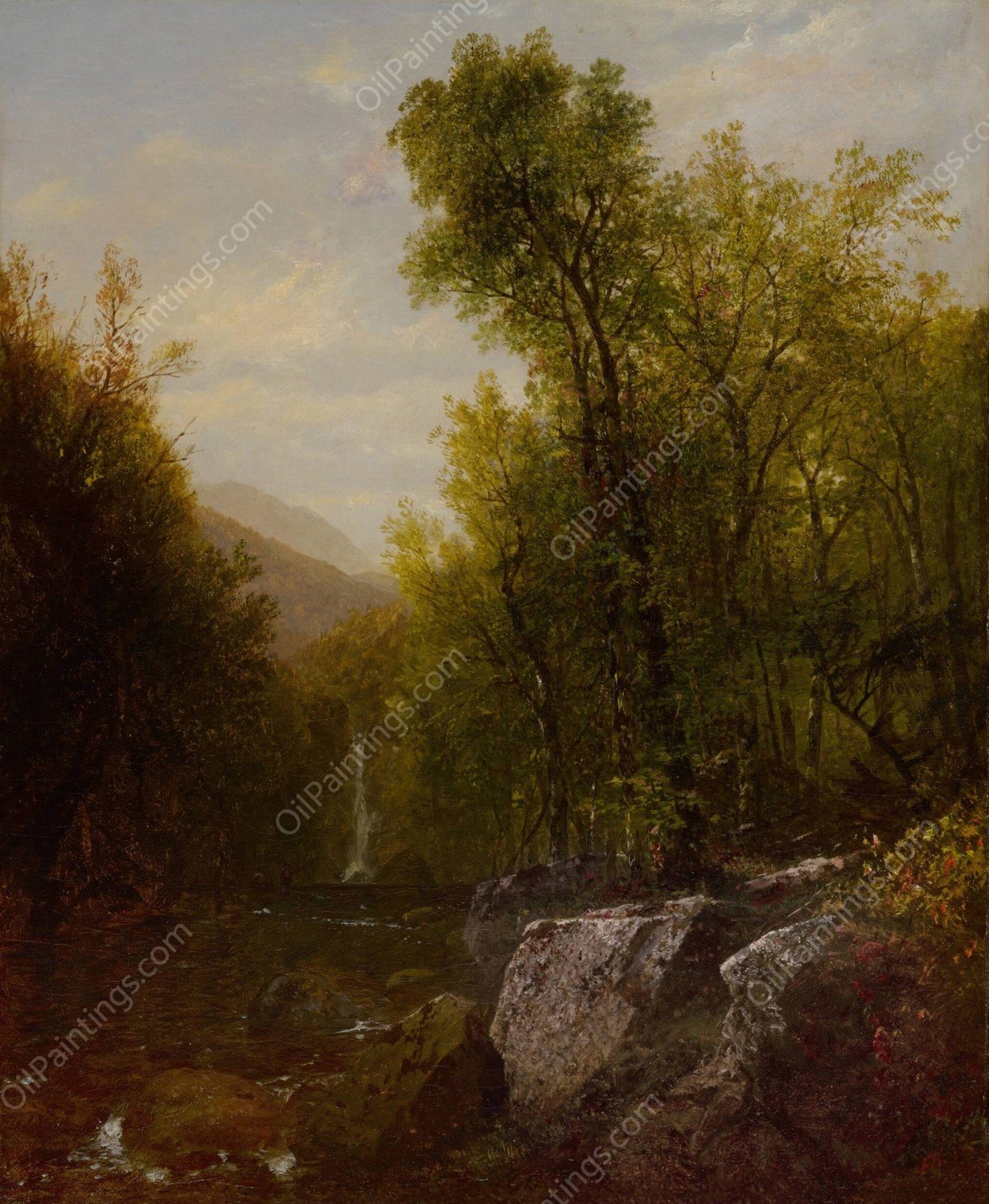Fishing Near A Forest Waterfall  by John Frederick Kensett - Hand-Painted Oil Painting Reproduction