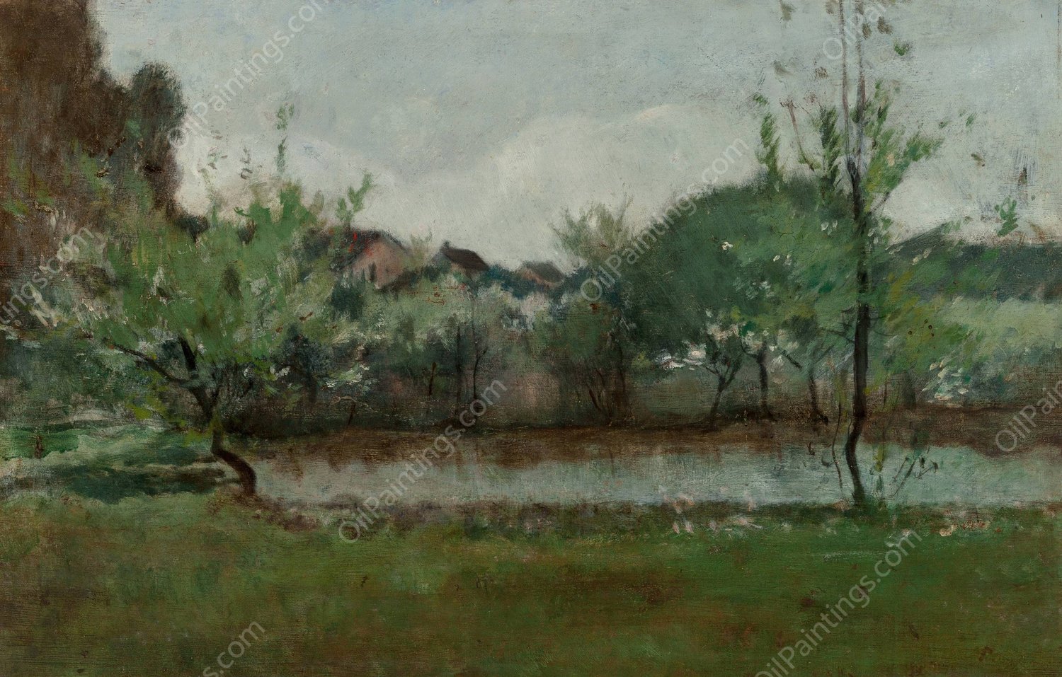 Landscape with Cottages  by John Henry Twachtman - Hand-Painted Oil Painting Reproduction