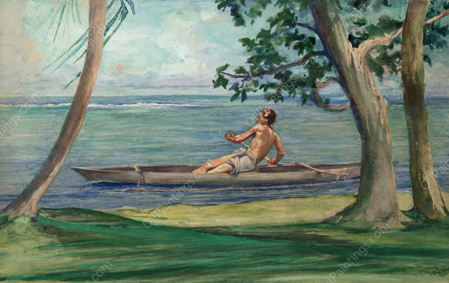 Boy in Canoe Passing in Front of Our House, Vaiala, Samoa   by John La Farge - Hand-Painted Oil Painting Reproduction