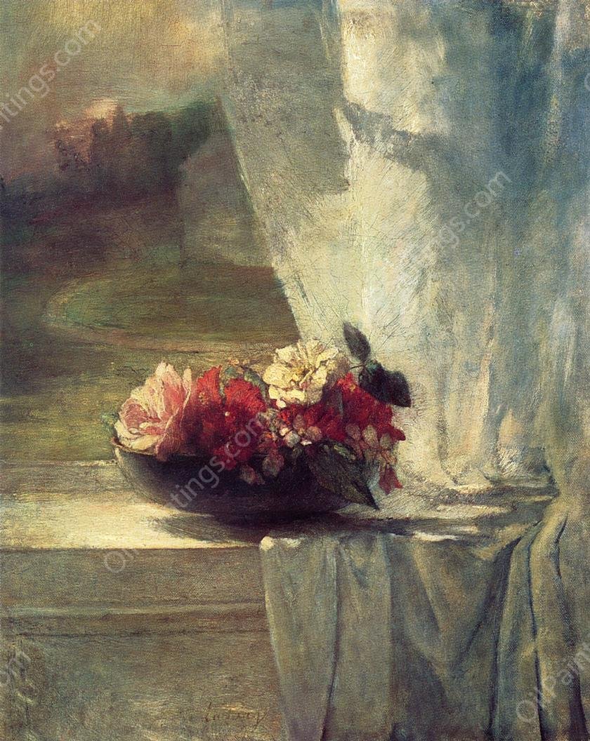Flowers in a Persian Porcelain Water Bowl also known as Flowers on a Windowsill by John La Farge - Hand-Painted Oil Painting Reproduction
