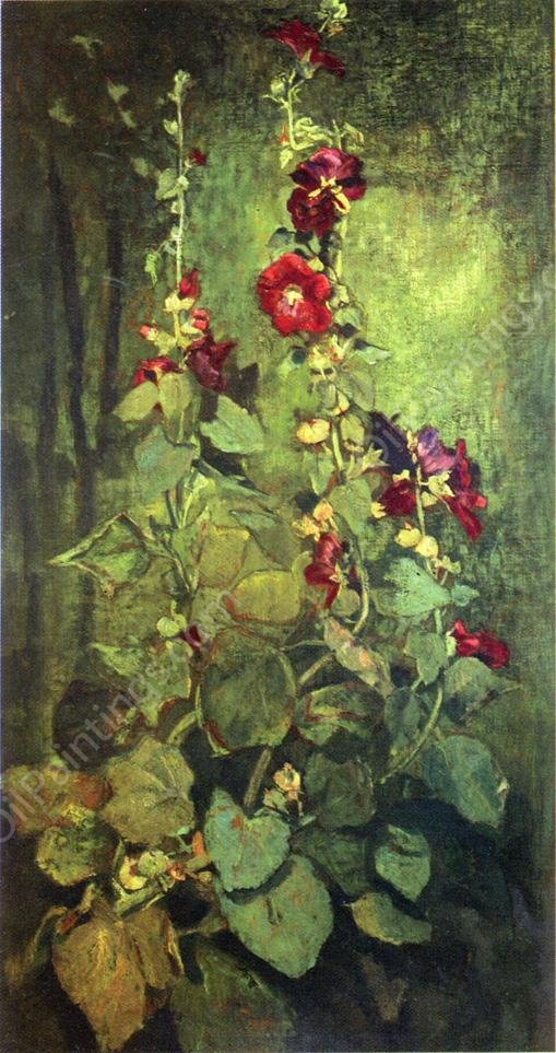 Red Hollyhocks by John La Farge - Hand-Painted Oil Painting Reproduction