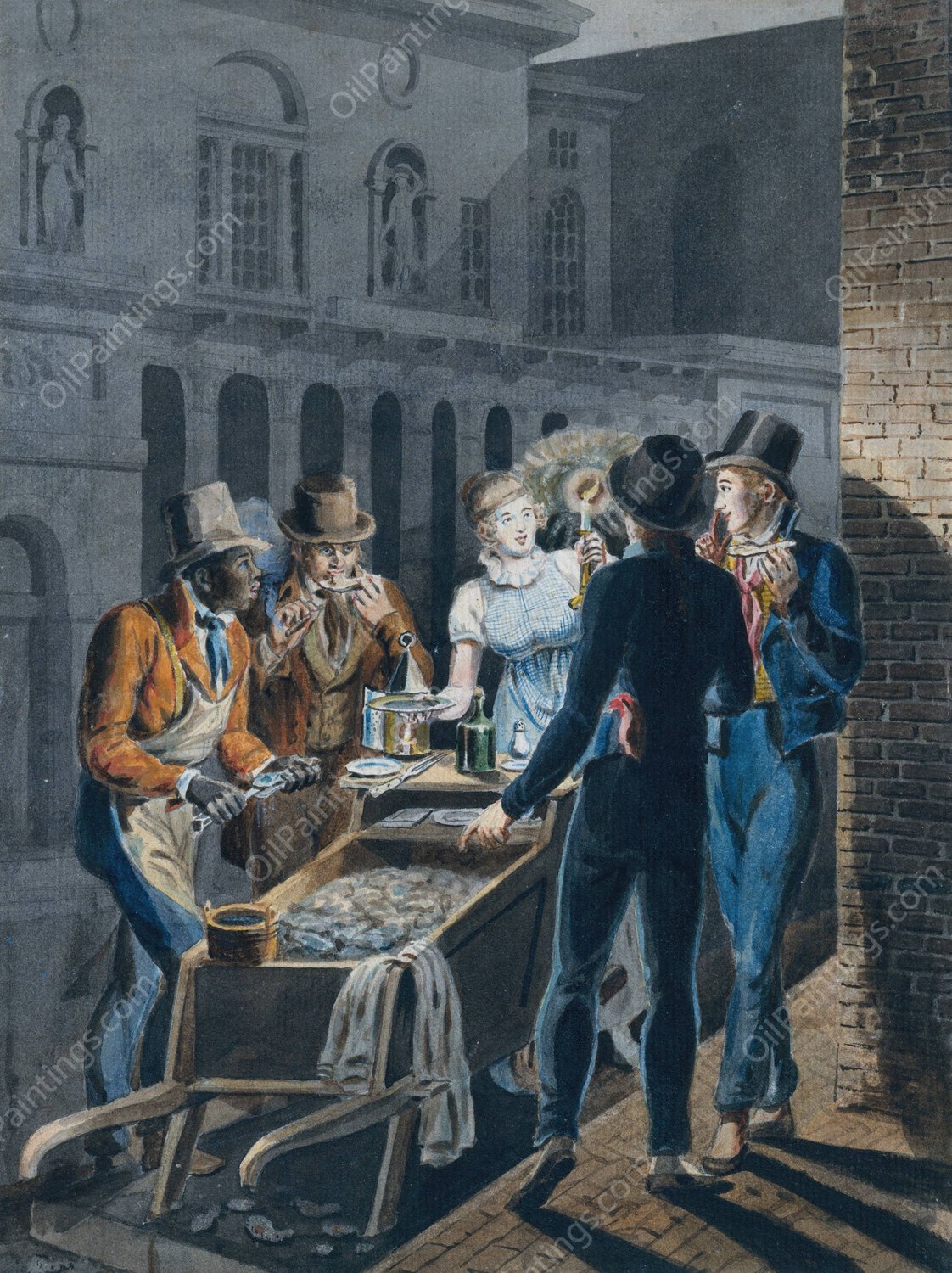 Nightlife in Philadelphia—an Oyster Barrow in front of the Chestnut Street Theater  by John Lewis Krimmel - Hand-Painted Oil Painting Reproduction