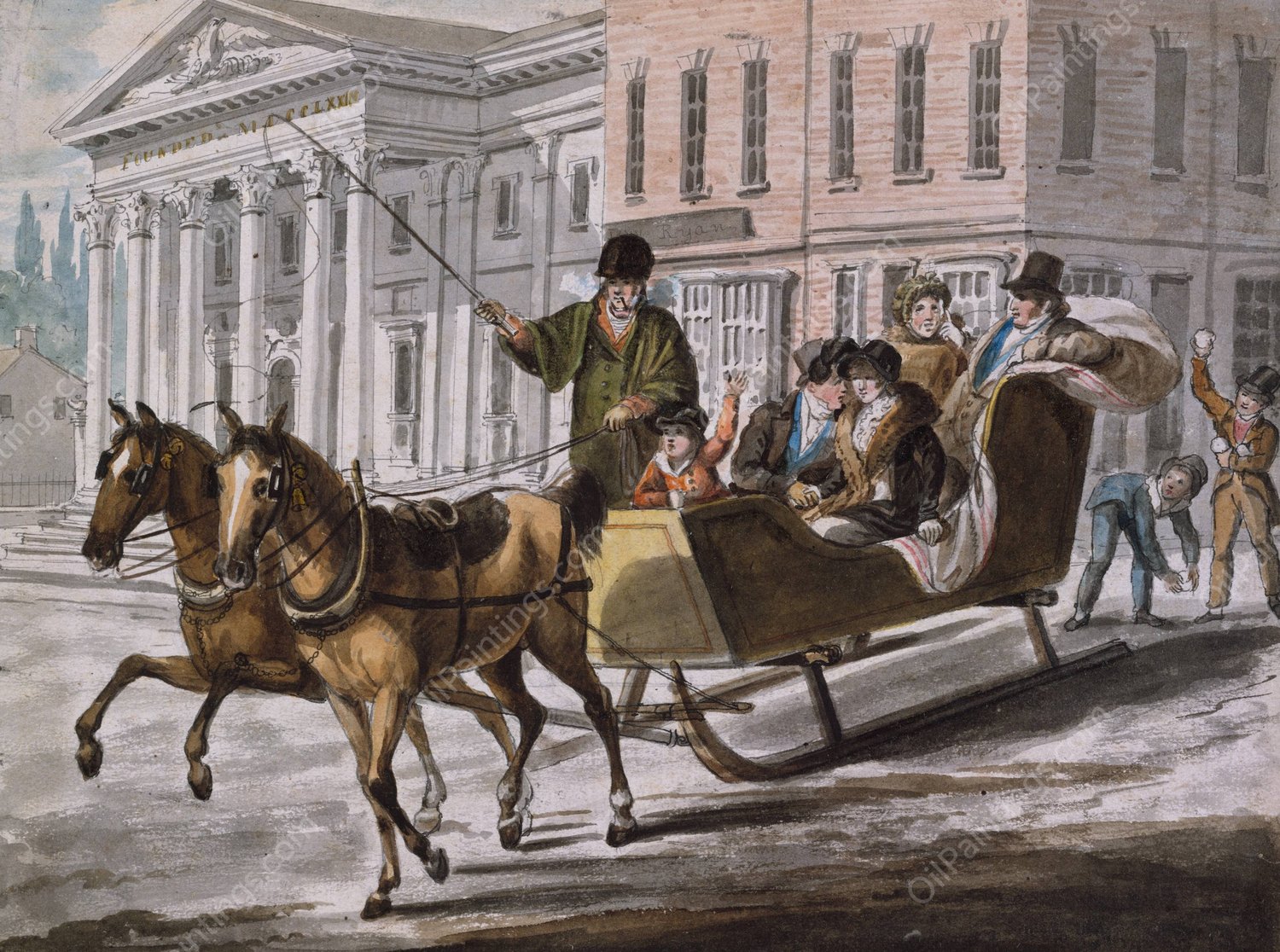 Winter Scene in Philadelphia—The Bank of the United States in the Background  by John Lewis Krimmel - Hand-Painted Oil Painting Reproduction