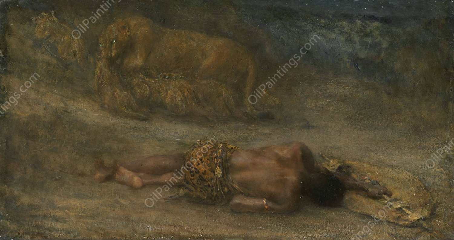 Een leeuwin met haar welpen bij een dode zwarte man, genaamd 'Nemesis' by John Macallan Swan - Hand-Painted Oil Painting Reproduction