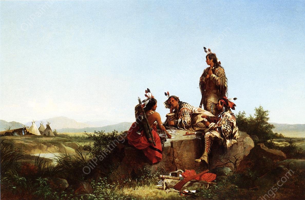 Blackfeet Card Players by John Mix Stanley - Hand-Painted Oil Painting Reproduction