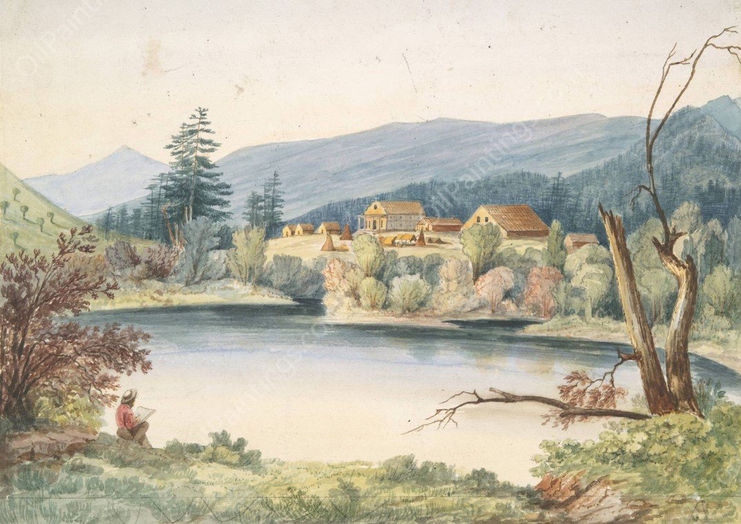 Coeur d'Alene Mission, St. Ignatius River  by John Mix Stanley - Hand-Painted Oil Painting Reproduction