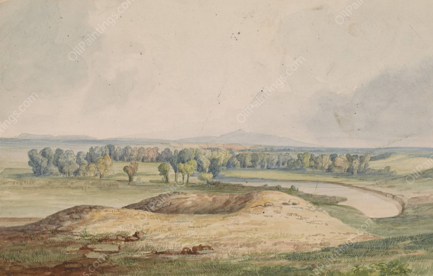 Milk River - Bear's Paw Mountain in Distance  by John Mix Stanley - Hand-Painted Oil Painting Reproduction