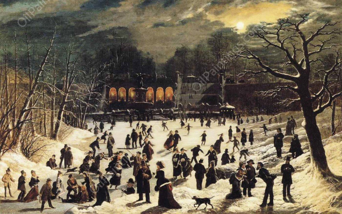 Moonlight Skating, Central Park, the Terrace and Lake by John Obrien Inman - Hand-Painted Oil Painting Reproduction