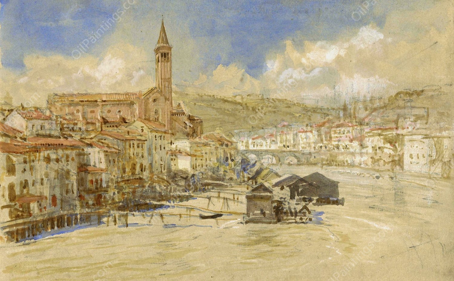 Gezicht op S. Anastasia te Verona, over de Adige  by John Ruskin - Hand-Painted Oil Painting Reproduction