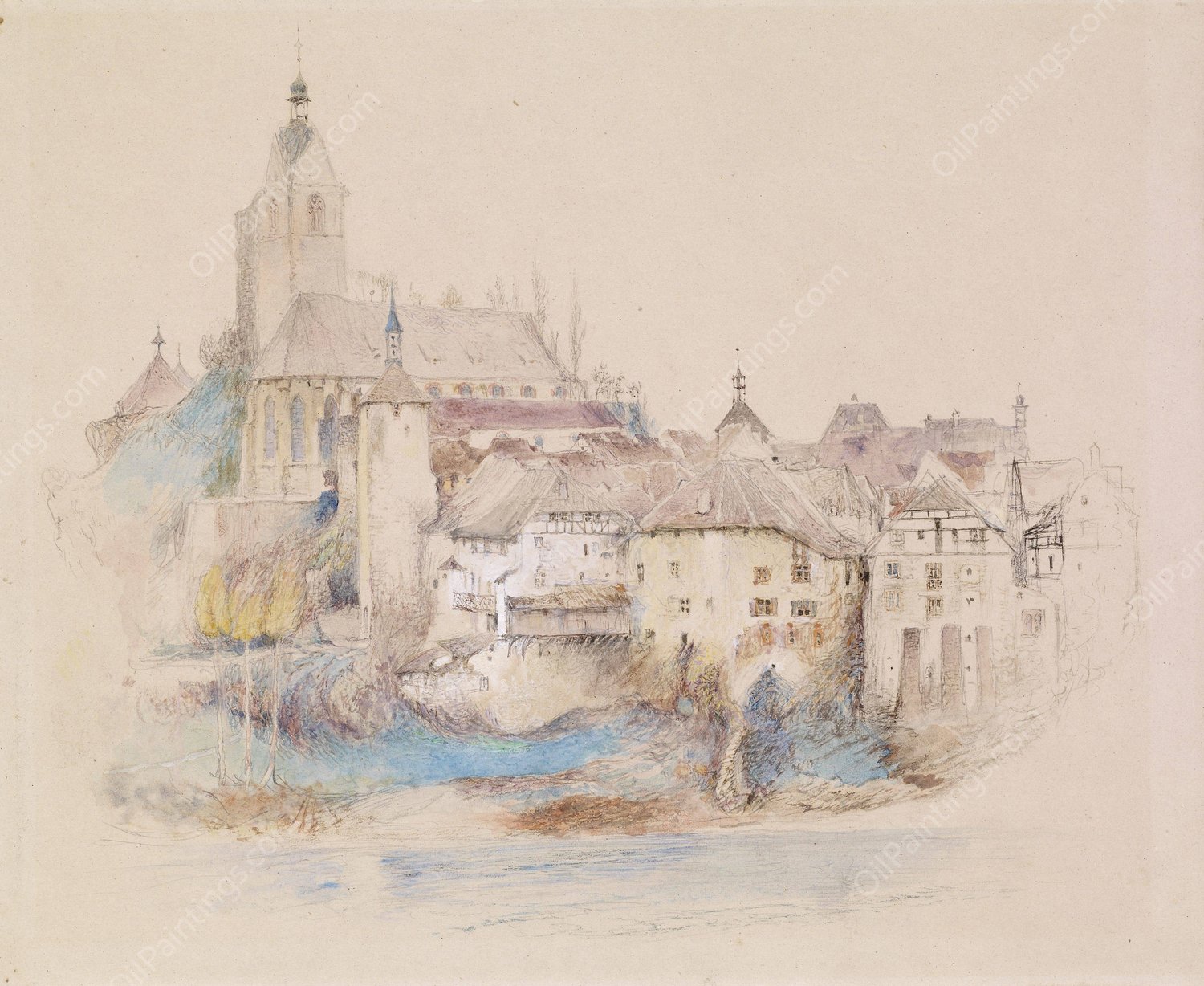 Lauffenburg on the Rhine  by John Ruskin - Hand-Painted Oil Painting Reproduction