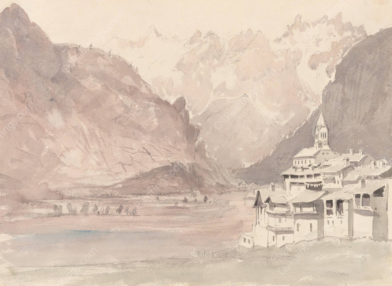 Swiss Mountain Landscape by John Ruskin - Hand-Painted Oil Painting Reproduction