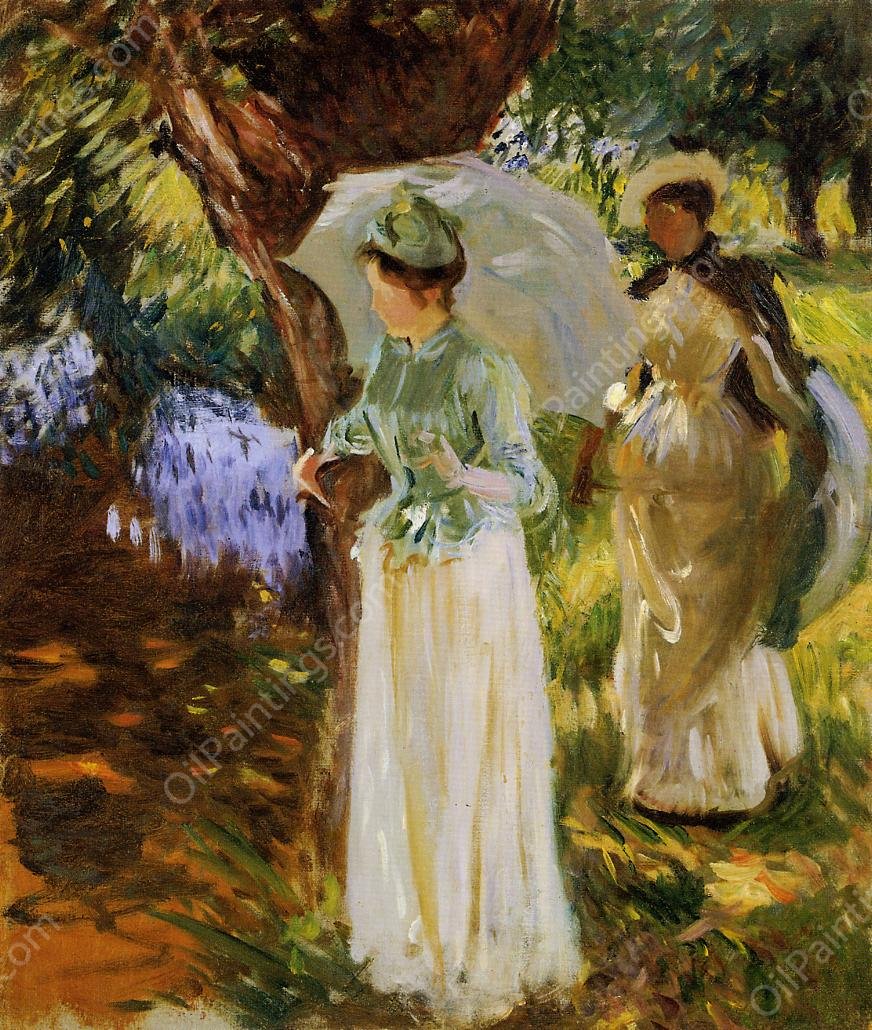 Two Girls with Parasols at Fladbury by John Singer Sargent - Hand-Painted Oil Painting Reproduction