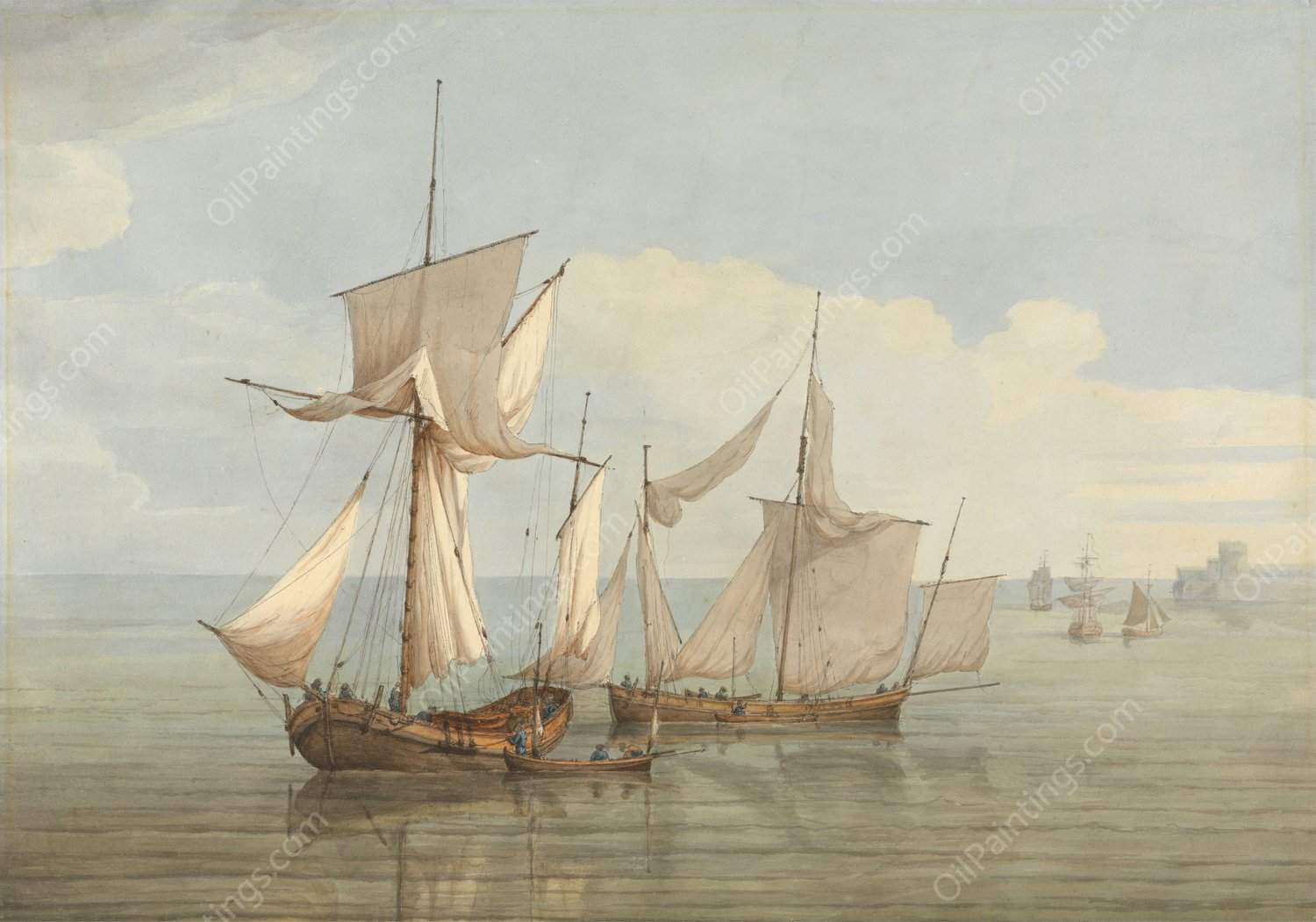 A Hoy and a Lugger with other Shipping on a Calm Sea by John Thomas Serres - Hand-Painted Oil Painting Reproduction