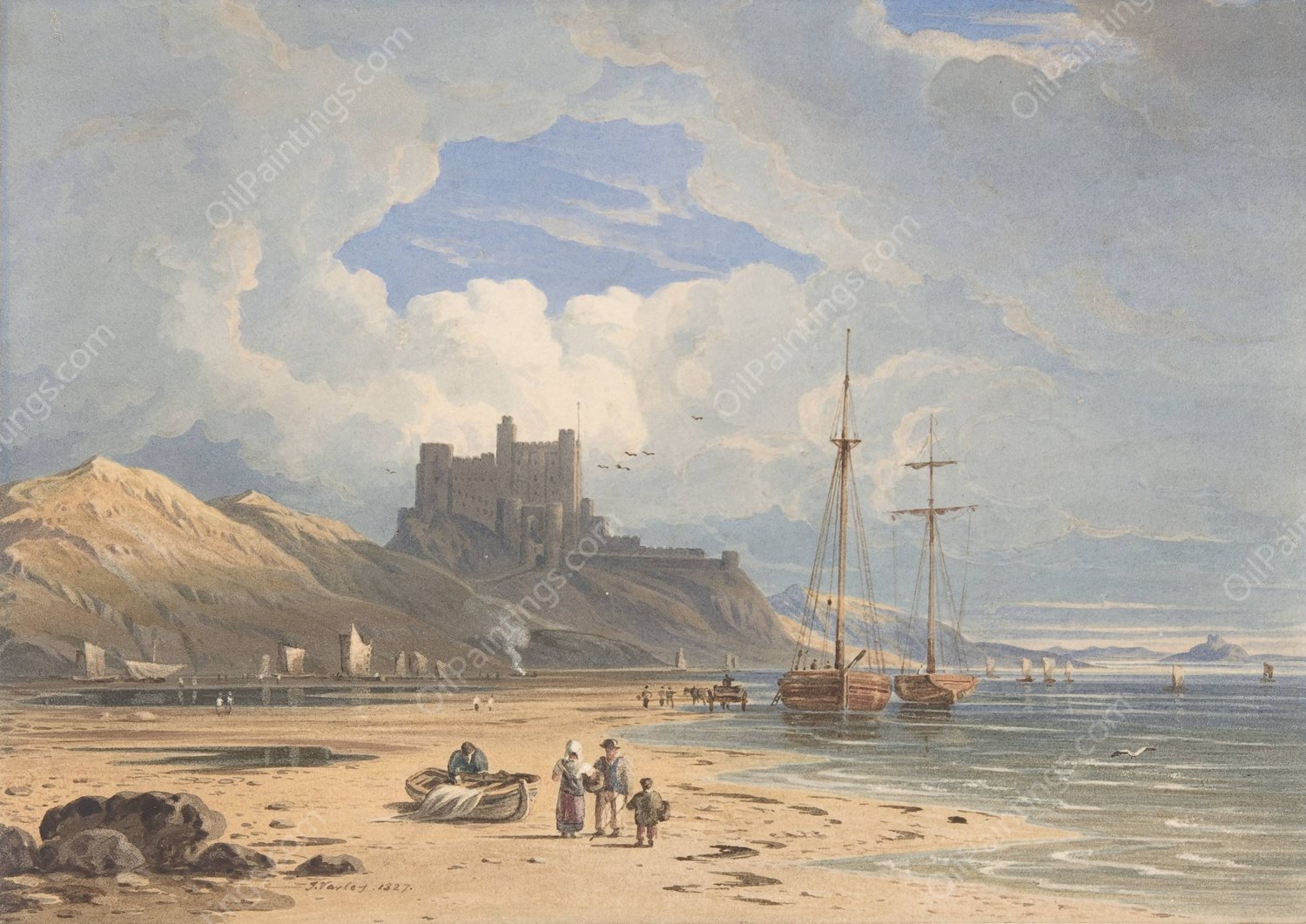Bamborough Castle from the Northeast, with Holy Island in the Distance, Northumberland  by John Varley - Hand-Painted Oil Painting Reproduction
