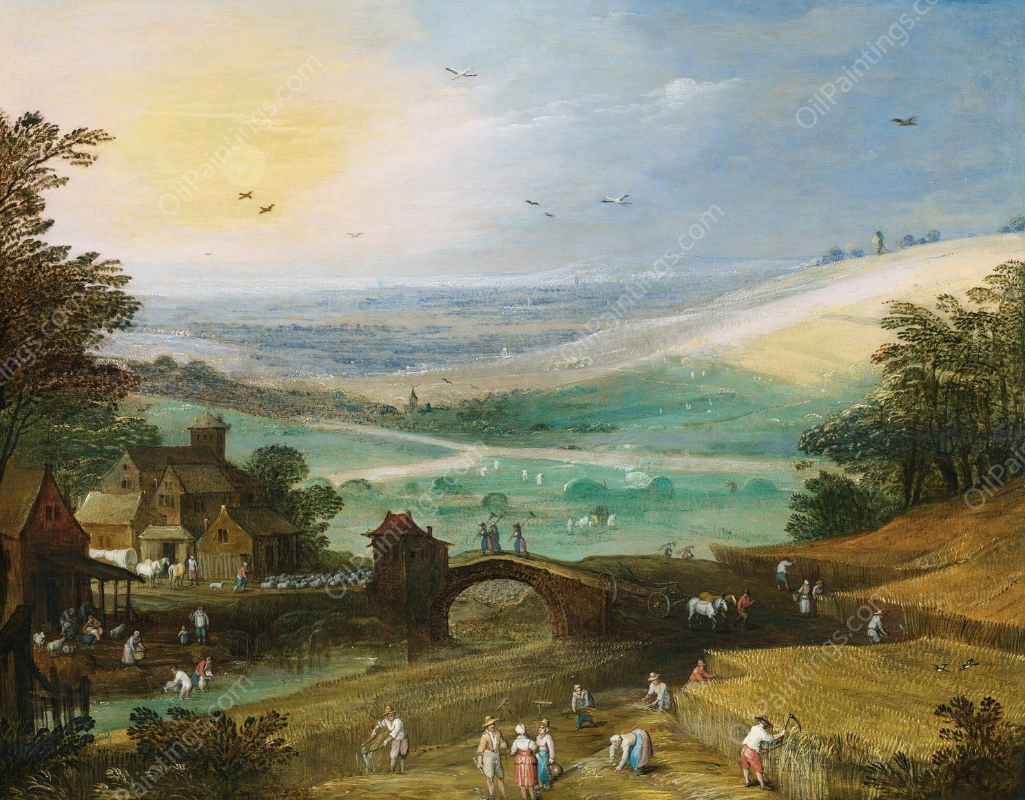 A Summer Landscape With Figures Bringing In The Harvest by Joos De Momper - Hand-Painted Oil Painting Reproduction