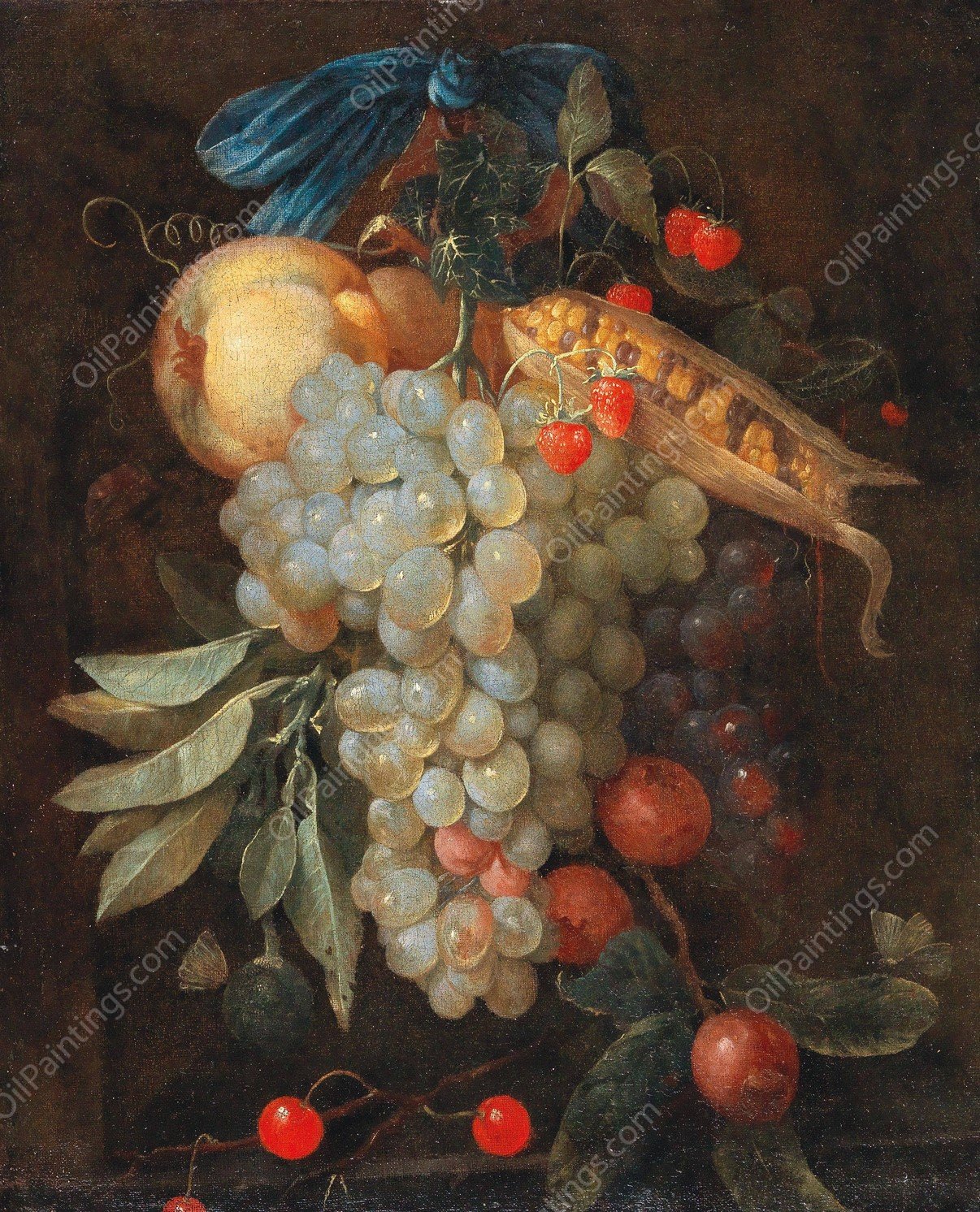 A hanging bouquet of fruit, including grapes, a pear and corn on the cob, with butterflies by Joris Van Son - Hand-Painted Oil Painting Reproduction