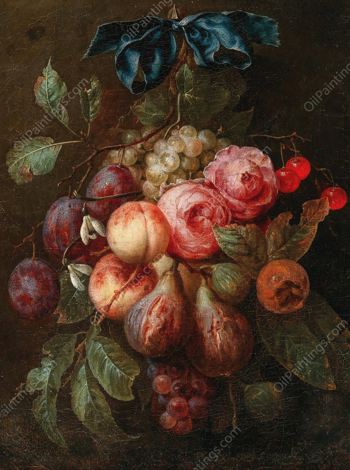 Fruit and flowers hanging from a ribbon by Joris Van Son - Hand-Painted Oil Painting Reproduction