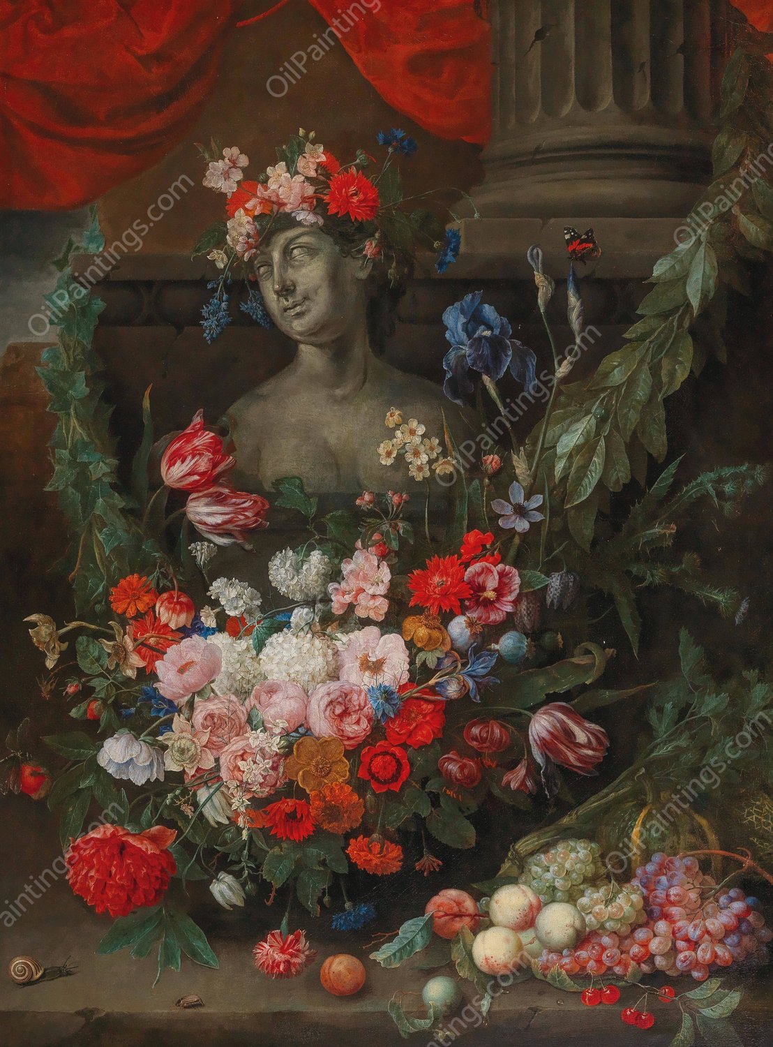 Fruit and flowers surrounding a stone bust of the Goddess Flora by Joris Van Son - Hand-Painted Oil Painting Reproduction