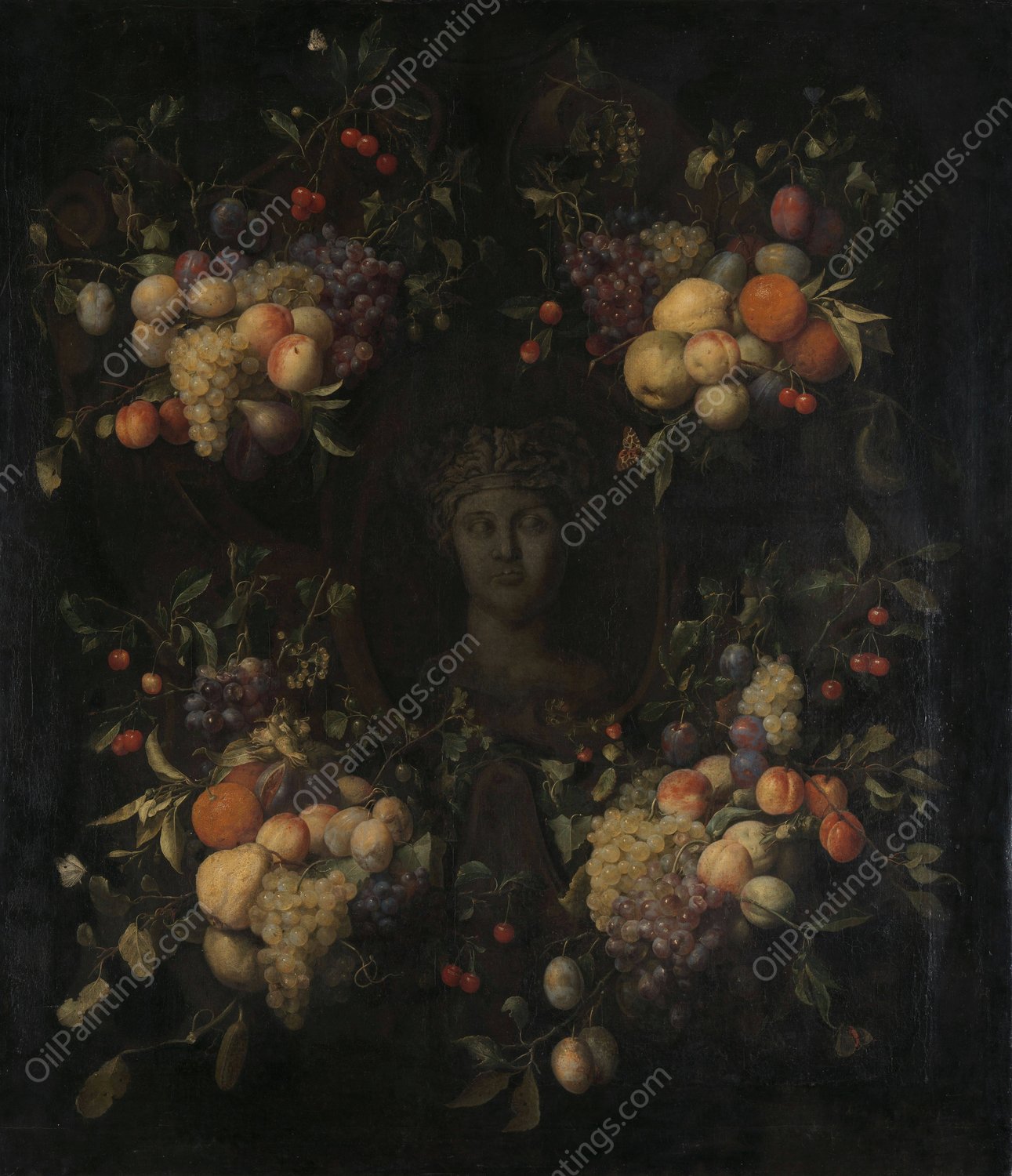 Simulated Sculpted Head of a Woman in a Cartouche Decorated with Swags of Fruit  by Joris Van Son - Hand-Painted Oil Painting Reproduction