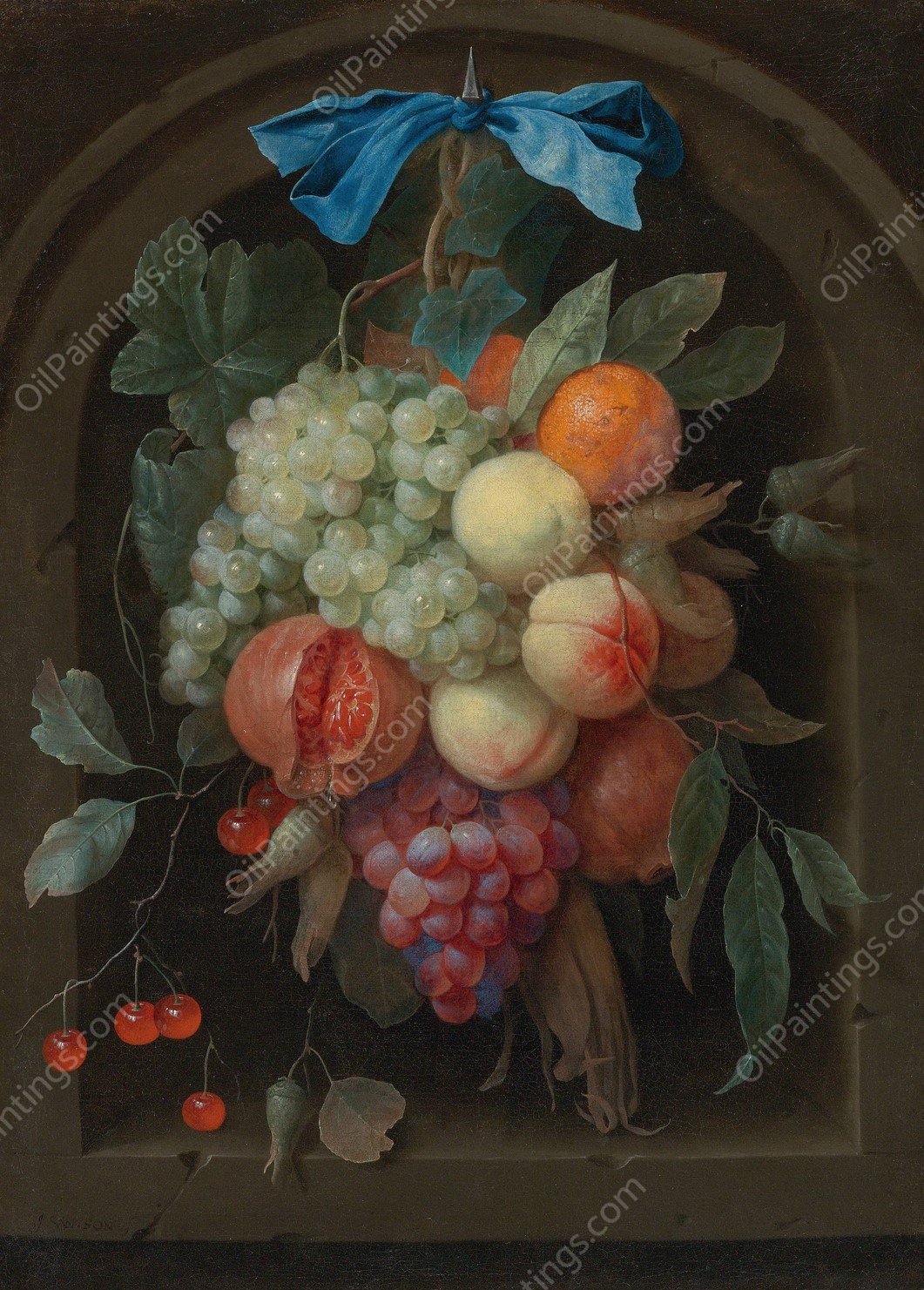 Still Life of Grapes, Peaches, A Pomegranate And Other Fruit Hanging From A Nail Before A Stone Niche by Joris Van Son - Hand-Painted Oil Painting Reproduction