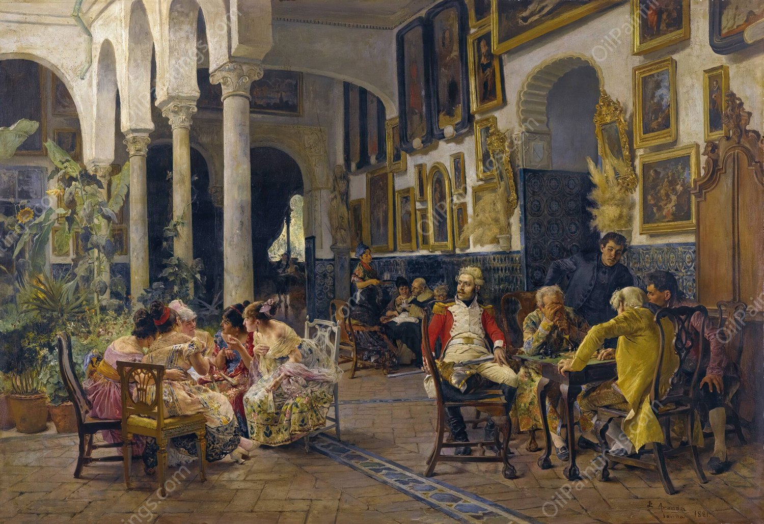 Conversation In A Sevillian Courtyard  by Jose Jimenez y Aranda - Hand-Painted Oil Painting Reproduction
