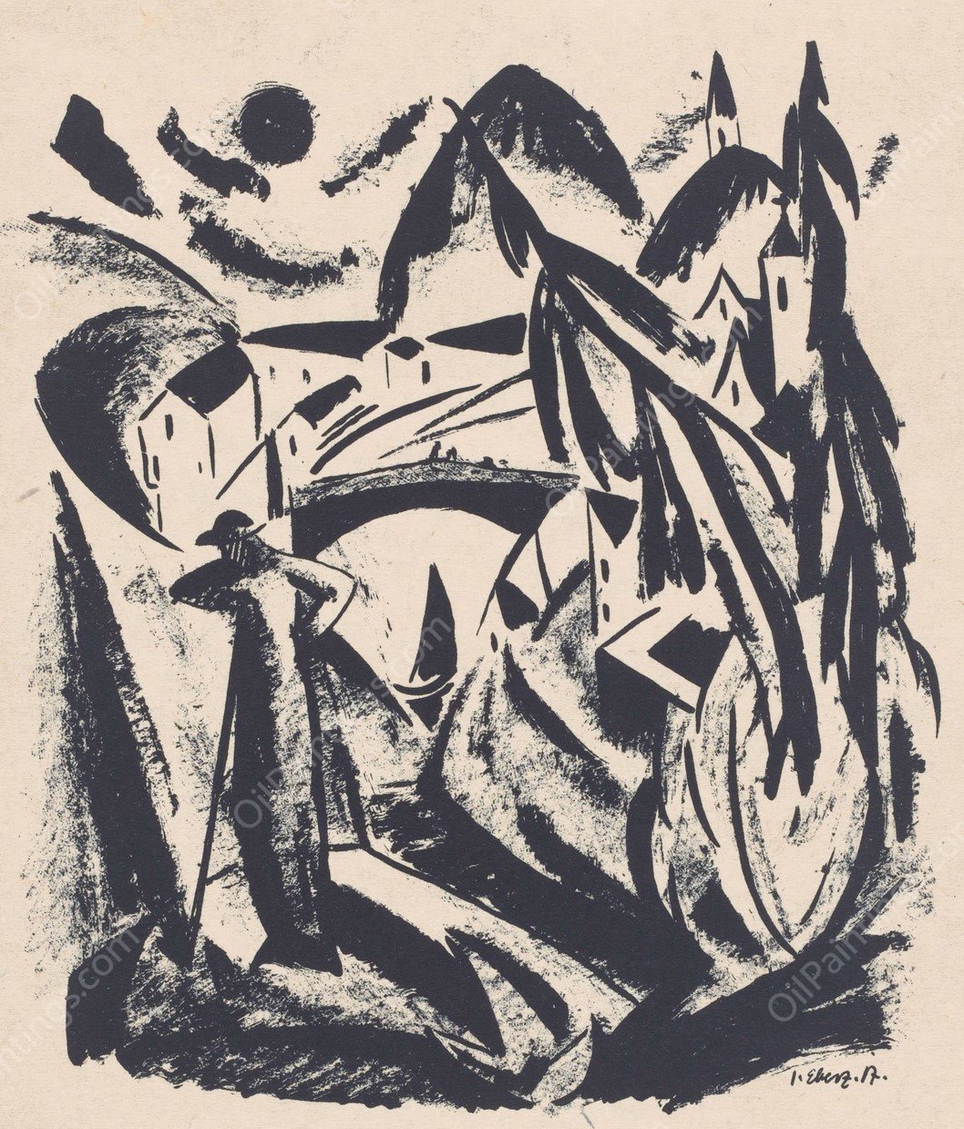 Flusslandschaft  by Josef Eberz - Hand-Painted Oil Painting Reproduction