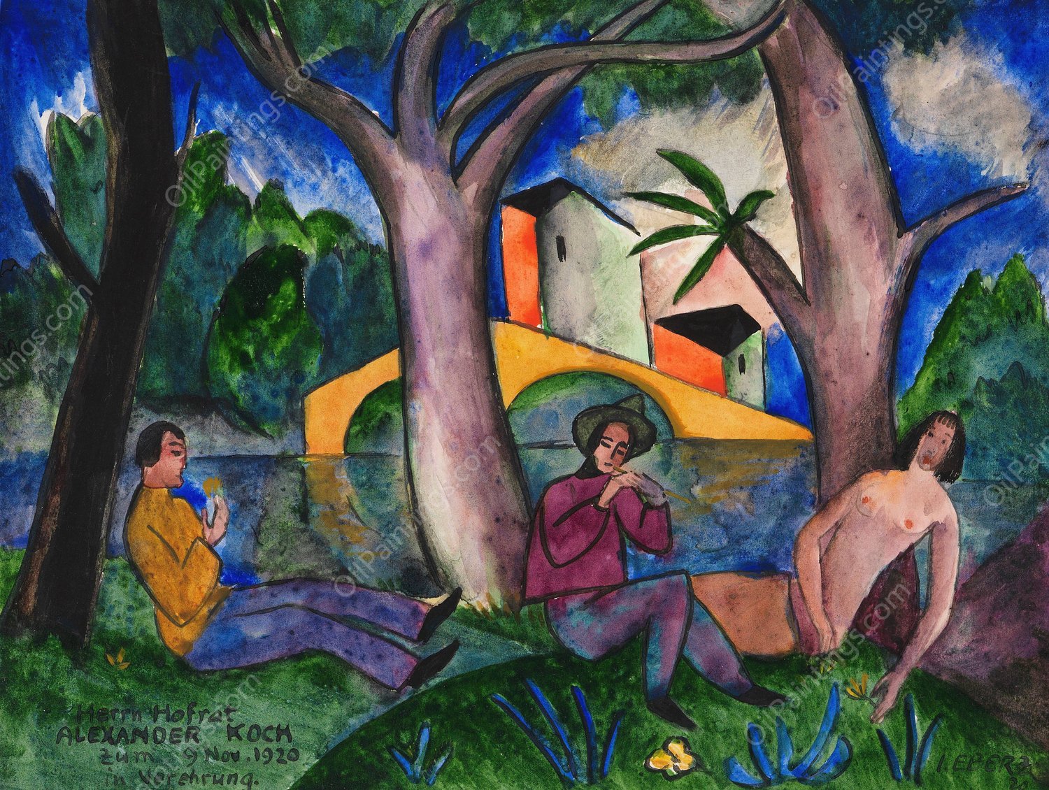 Weiblicher Akt und zwei Manner im Grunen  by Josef Eberz - Hand-Painted Oil Painting Reproduction