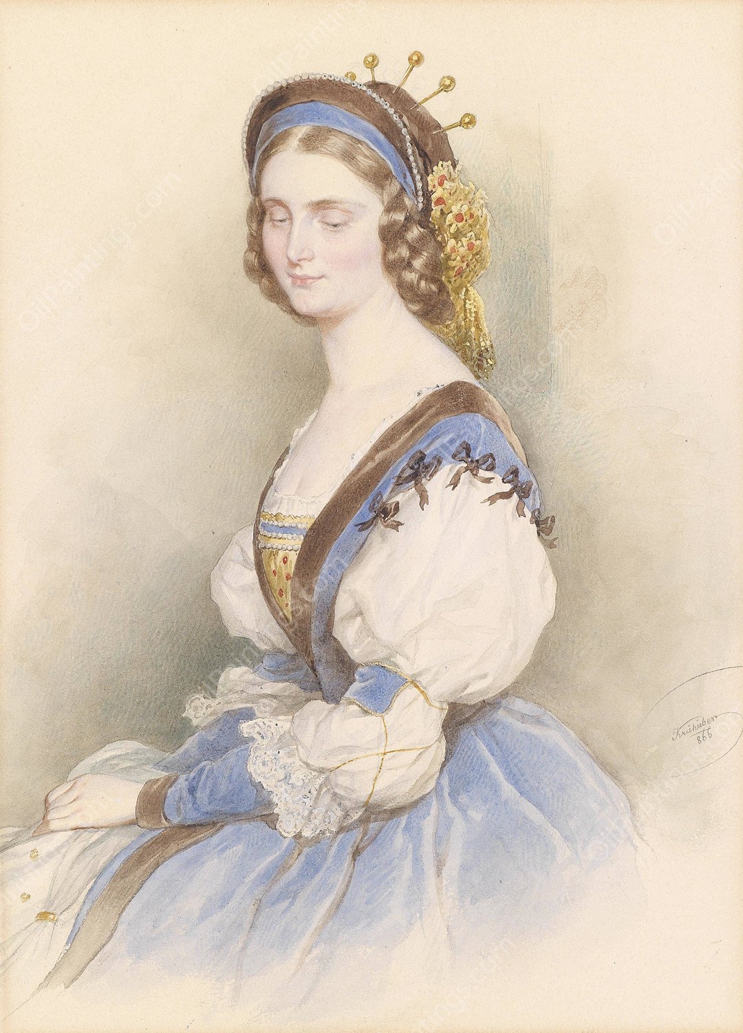 Bildnis einer jungen Dame in blauem Kleid  by Josef Kriehuber - Hand-Painted Oil Painting Reproduction