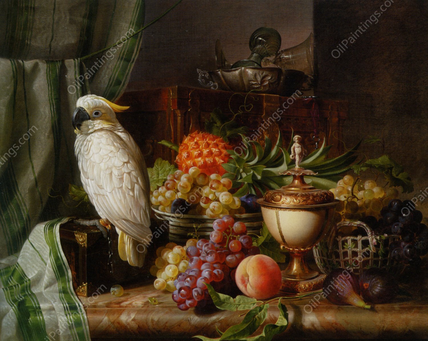 A Cockatoo, Grapes, Figs, Plums, a Pineapple, and a Peach by Josef Schuster - Hand-Painted Oil Painting Reproduction