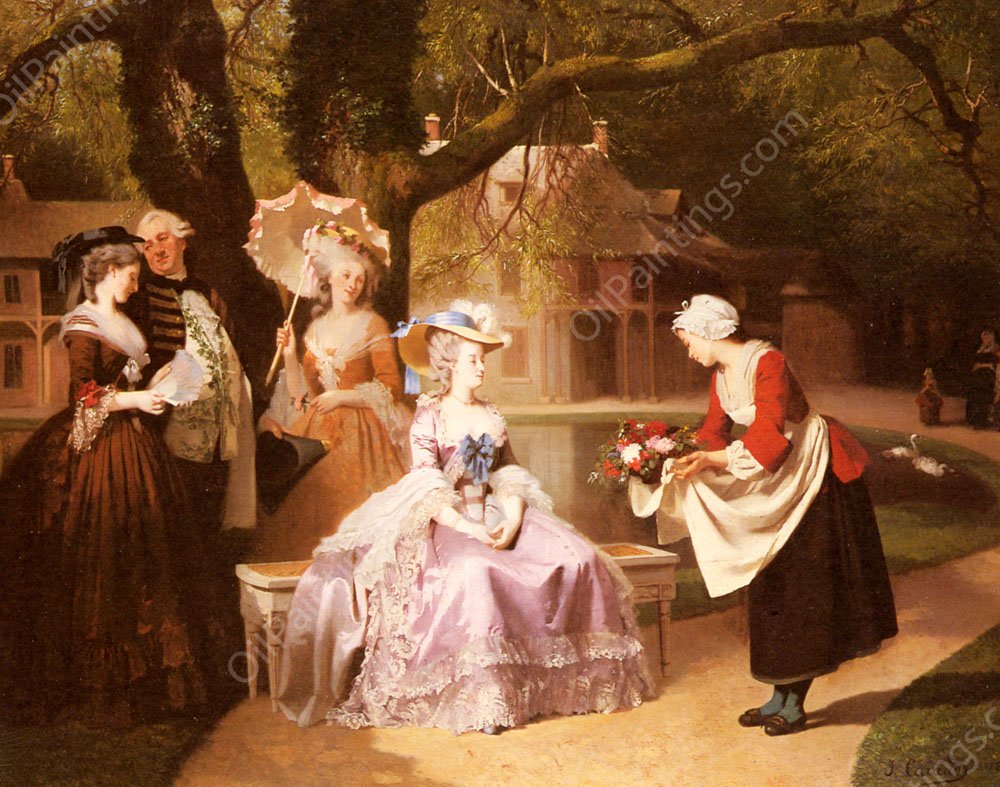 Marie Antoinette and Louis XVI in the Garden of the Tuileries with Madame Lambale by Joseph Caraud - Hand-Painted Oil Painting Reproduction