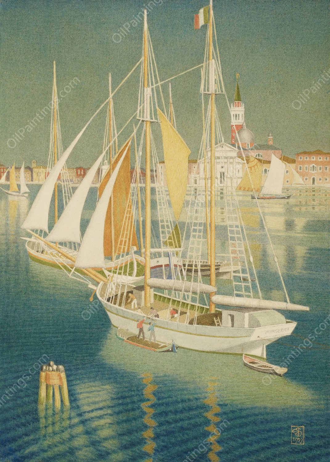 Ships from the Adriatic, Venice  by Joseph Edward Southall - Hand-Painted Oil Painting Reproduction