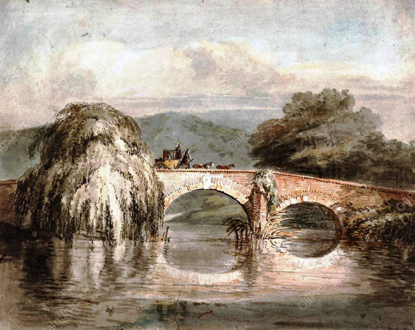 A Coach Crossing a Two-Arched Bridge, with a Weeping Willow by Joseph Mallord William Turner - Hand-Painted Oil Painting Reproduction