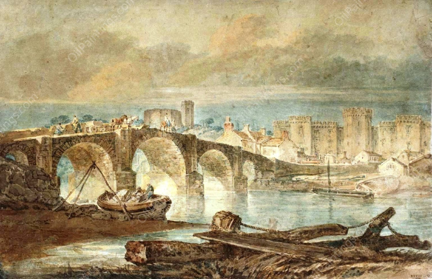 Cardiff Bridge and Castle by Joseph Mallord William Turner - Hand-Painted Oil Painting Reproduction