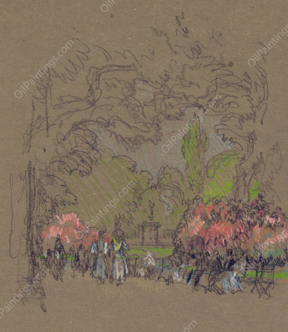 Benches in Kensington Park  by Joseph Pennell - Hand-Painted Oil Painting Reproduction