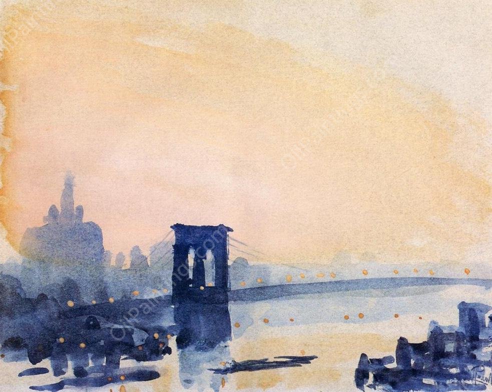 Brooklyn Bridge, Lighting Up by Joseph Pennell - Hand-Painted Oil Painting Reproduction