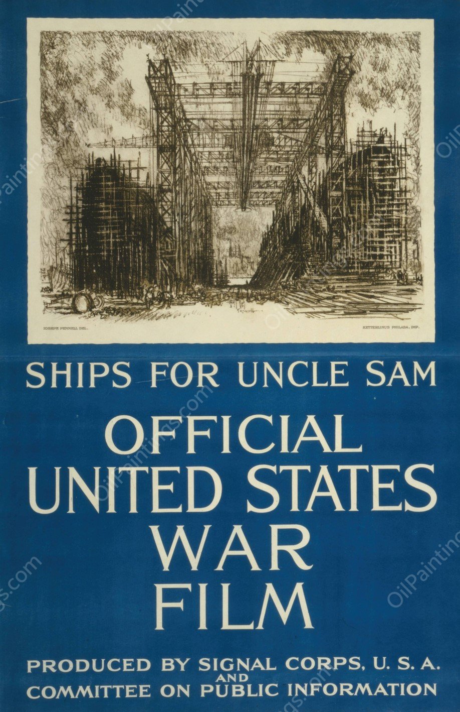 Ships for Uncle Sam-Official United States war film  by Joseph Pennell - Hand-Painted Oil Painting Reproduction