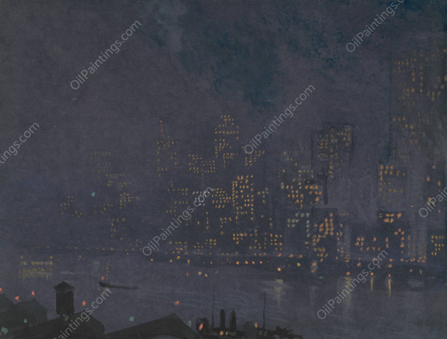 Skyscrapers at Night  by Joseph Pennell - Hand-Painted Oil Painting Reproduction