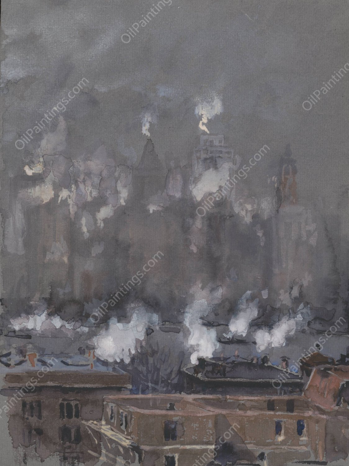 Smoke and Fog on Gray Day, New York City  by Joseph Pennell - Hand-Painted Oil Painting Reproduction