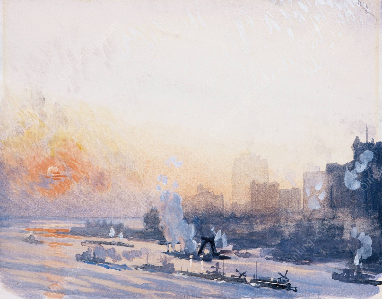 Winter Sunset, New York Harbor  by Joseph Pennell - Hand-Painted Oil Painting Reproduction