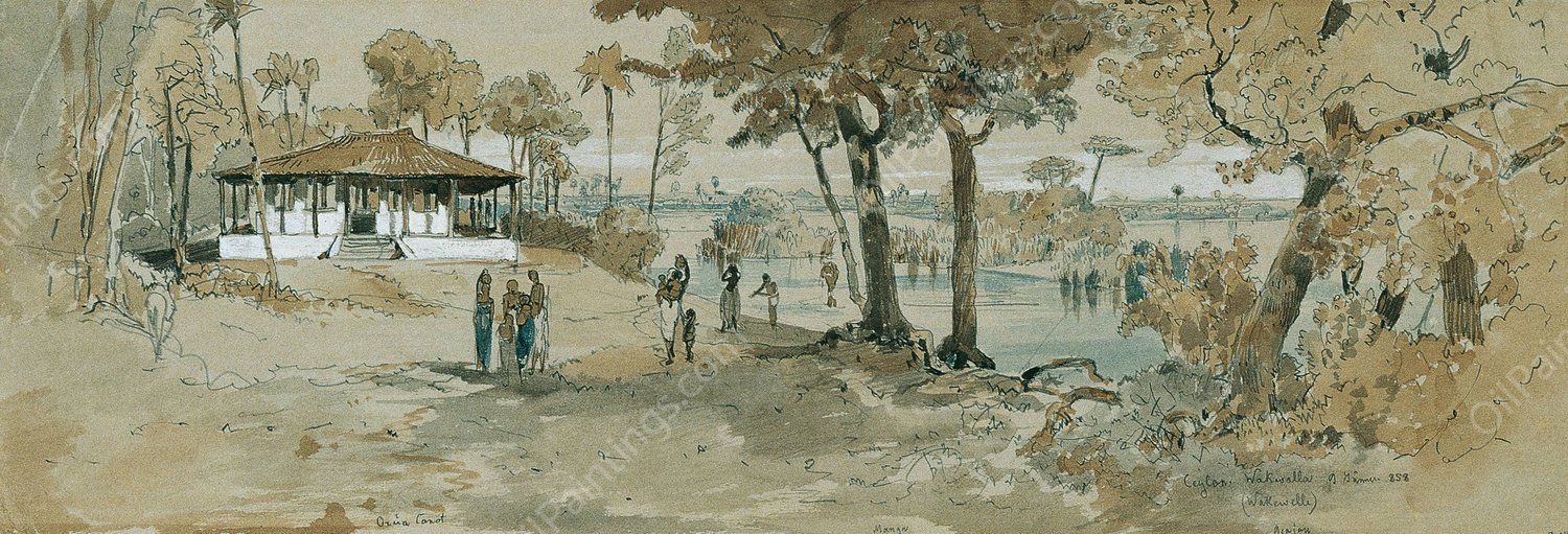 Buddhistischer Tempel bei Point de Galle, Wakwalla auf Ceylon  by Joseph Selleny - Hand-Painted Oil Painting Reproduction