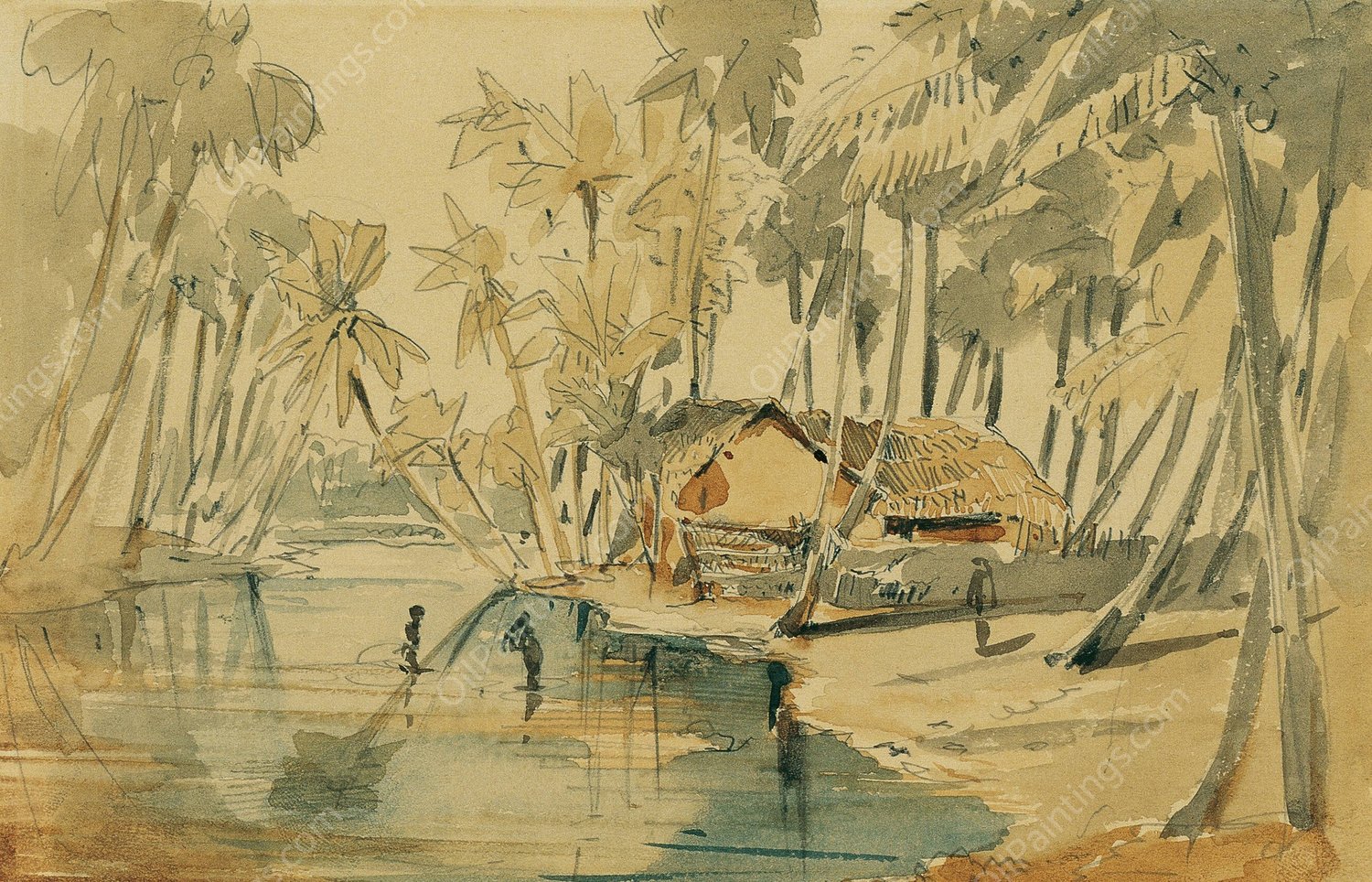 Palmenhain auf Ceylon  by Joseph Selleny - Hand-Painted Oil Painting Reproduction