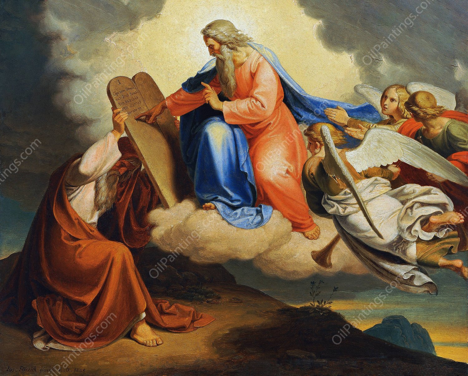 God writes the ten commandments on two stone tablets to Moses on Mount Sinai  by Joseph Von Fuhrich - Hand-Painted Oil Painting Reproduction