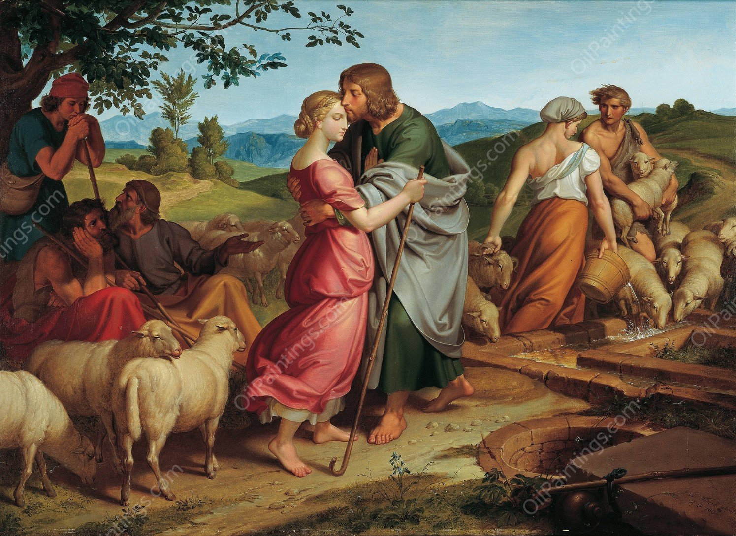 Jacob meets Rachel with her father's herds  by Joseph Von Fuhrich - Hand-Painted Oil Painting Reproduction