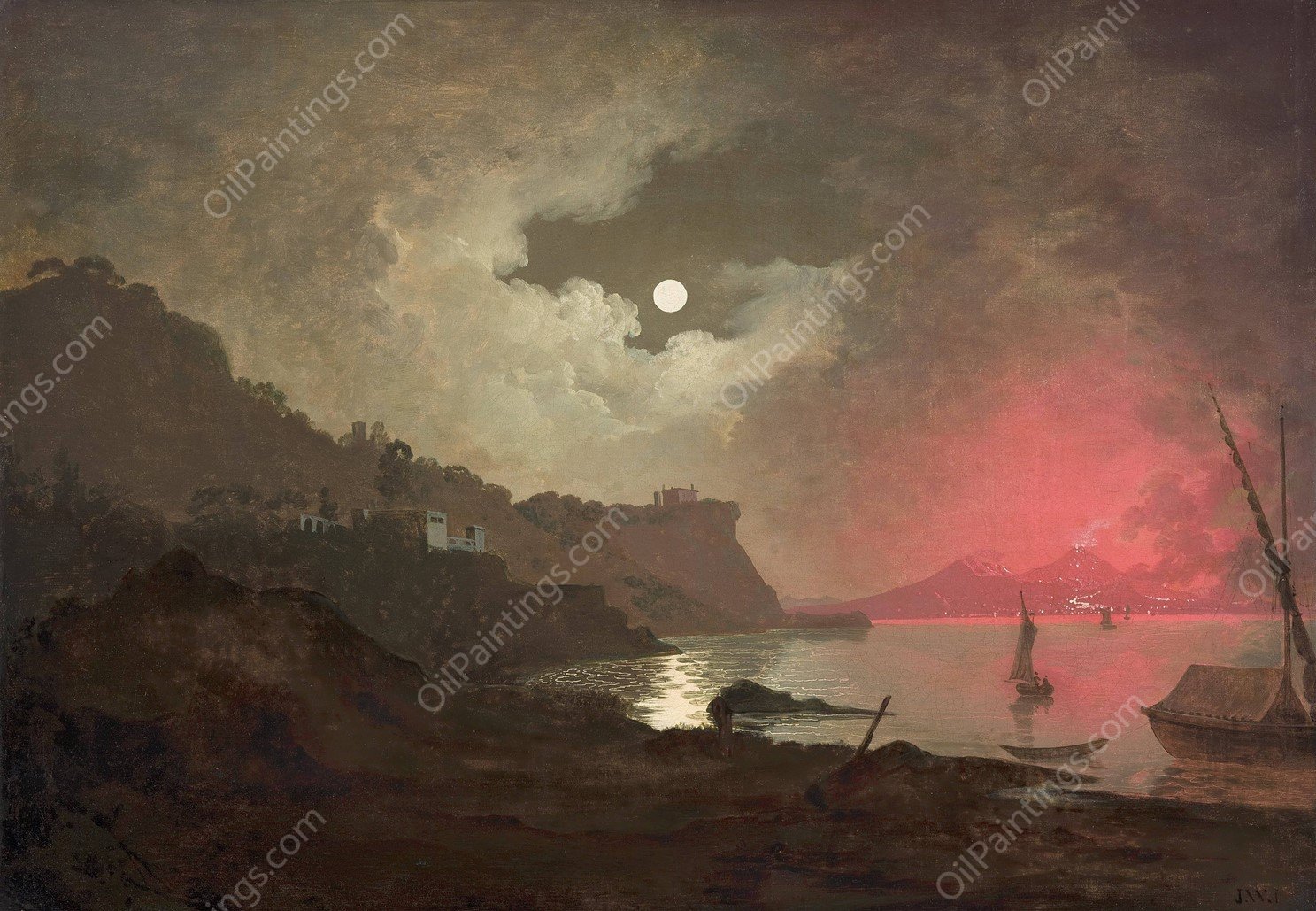 A View of Vesuvius from Posillipo, Naples by Joseph Wright Of Derby - Hand-Painted Oil Painting Reproduction