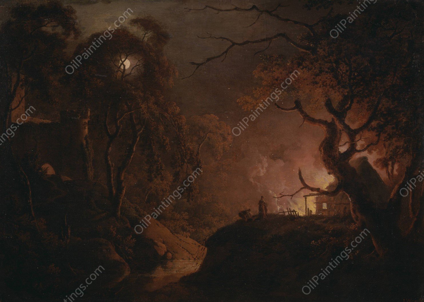 Cottage on fire at night by Joseph Wright Of Derby - Hand-Painted Oil Painting Reproduction