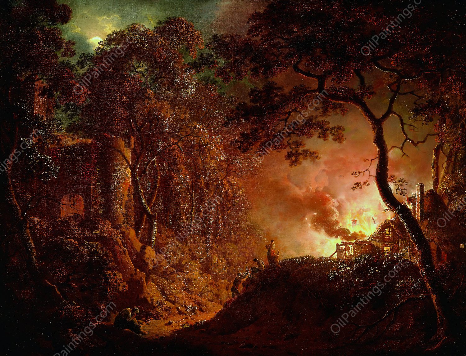 Cottage on Fire  by Joseph Wright Of Derby - Hand-Painted Oil Painting Reproduction