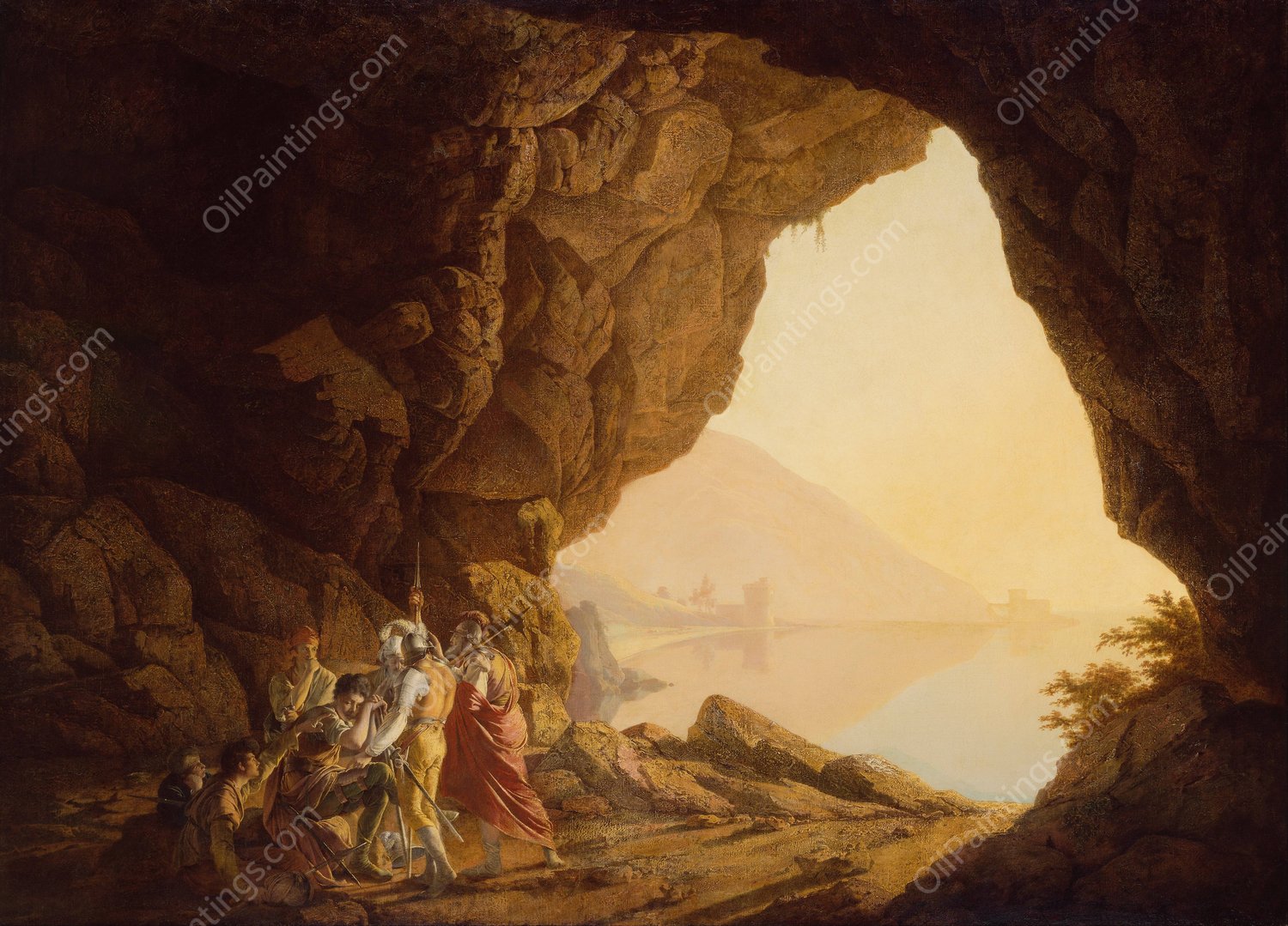 Grotto by the Seaside in the Kingdom of Naples with Banditti, Sunset  by Joseph Wright Of Derby - Hand-Painted Oil Painting Reproduction