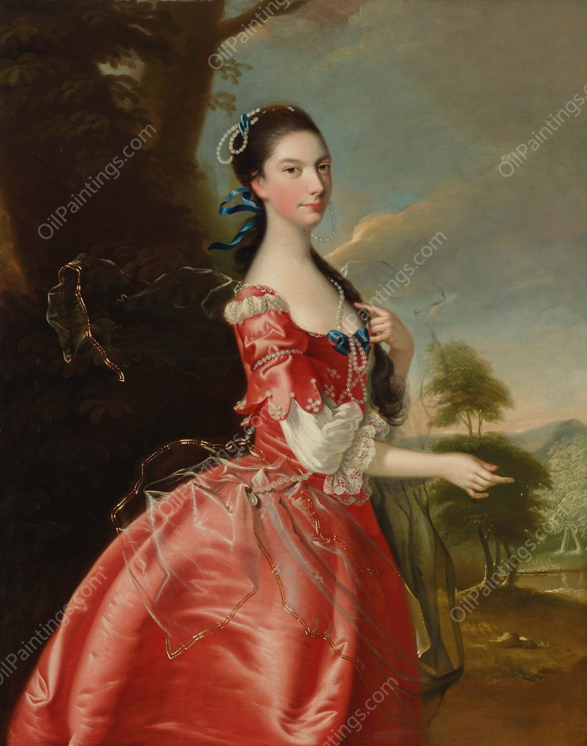 Portrait of Miss Ann Carver before a landscape by Joseph Wright Of Derby - Hand-Painted Oil Painting Reproduction